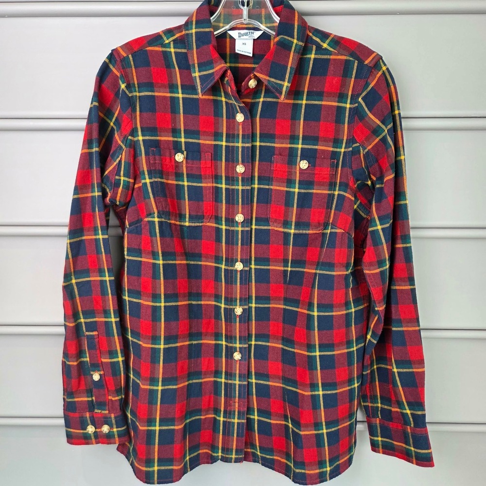 Duluth Trading Co Womens XS Red Plaid Free Swingin' Flannel Button Down Shirt